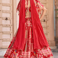 Magnificent Red Chinnon Silk Digital Print Designer Lehenga Choli with Embroidered Blouse and Dupatta