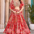 Magnificent Red Chinnon Silk Digital Print Designer Lehenga Choli with Embroidered Blouse and Dupatta