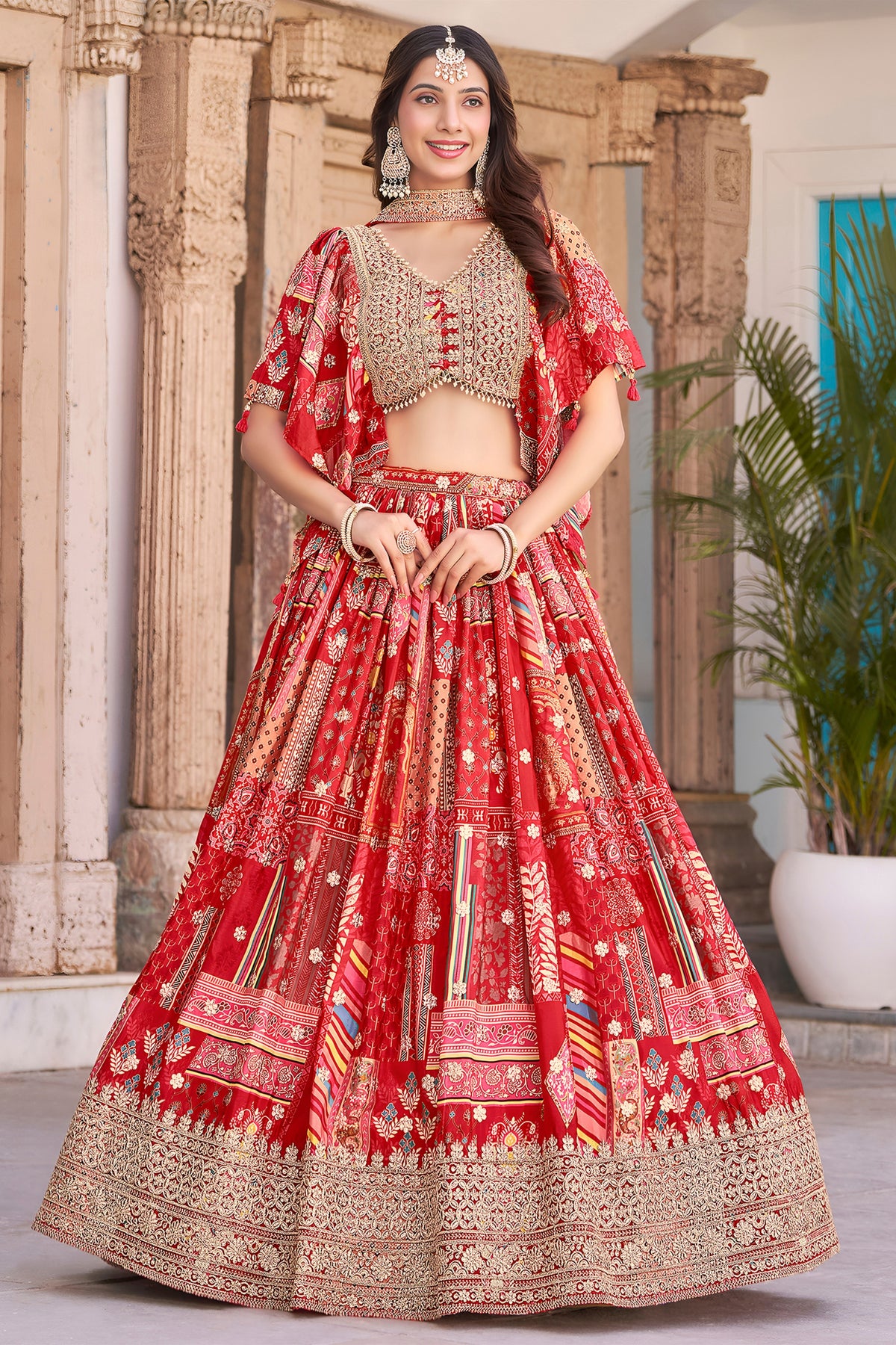 Magnificent Red Chinnon Silk Digital Print Designer Lehenga Choli with Embroidered Blouse and Dupatta