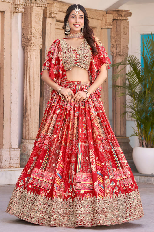 Magnificent Red Chinnon Silk Digital Print Designer Lehenga Choli with Embroidered Blouse and Dupatta