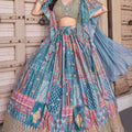 Captivating Sky Blue Chinnon Silk Digital Print Designer Lehenga Choli with Embroidered Blouse and Dupatta