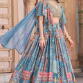 Captivating Sky Blue Chinnon Silk Digital Print Designer Lehenga Choli with Embroidered Blouse and Dupatta