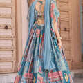 Captivating Sky Blue Chinnon Silk Digital Print Designer Lehenga Choli with Embroidered Blouse and Dupatta