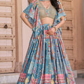 Captivating Sky Blue Chinnon Silk Digital Print Designer Lehenga Choli with Embroidered Blouse and Dupatta
