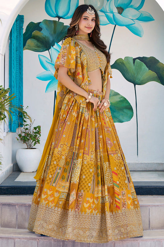 Dazzling Mustard Yellow Chinnon Silk Digital Print Designer Lehenga Choli with Embroidered Blouse and Dupatta