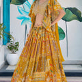Dazzling Mustard Yellow Chinnon Silk Digital Print Designer Lehenga Choli with Embroidered Blouse and Dupatta