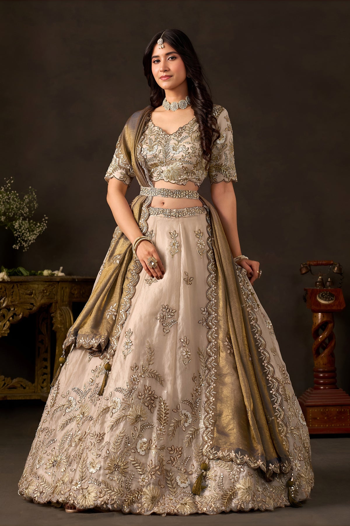 Regal Beige Fendy Silk Designer Lehenga Choli with Heavy Gold Embroidery and Zari Work Dupatta