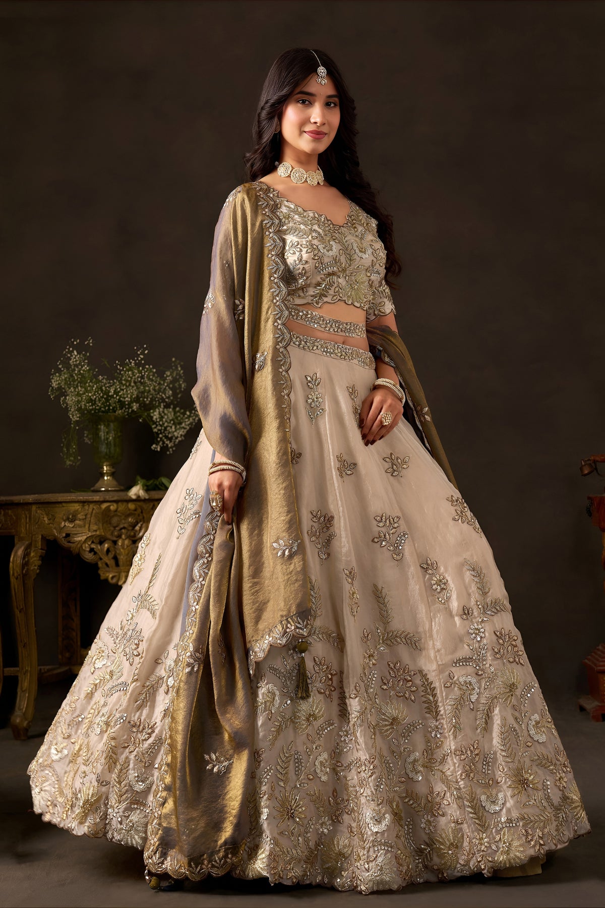 Regal Beige Fendy Silk Designer Lehenga Choli with Heavy Gold Embroidery and Zari Work Dupatta