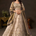 Regal Beige Fendy Silk Designer Lehenga Choli with Heavy Gold Embroidery and Zari Work Dupatta
