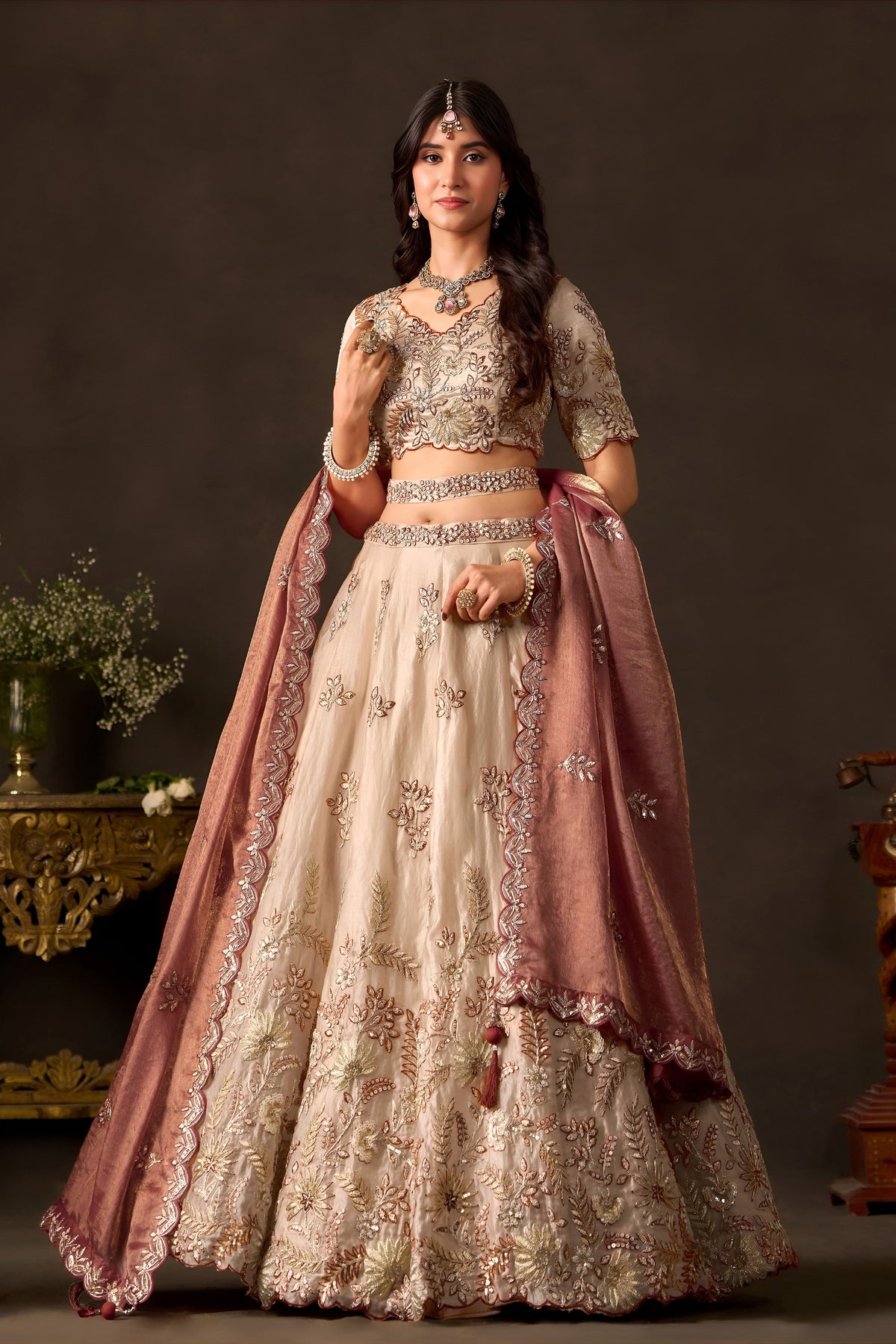 Exquisite Beige Fendy Silk Designer Lehenga Choli with Heavy Gold Embroidery and Dupatta