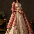 Exquisite Beige Fendy Silk Designer Lehenga Choli with Heavy Gold Embroidery and Dupatta