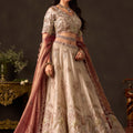Exquisite Beige Fendy Silk Designer Lehenga Choli with Heavy Gold Embroidery and Dupatta