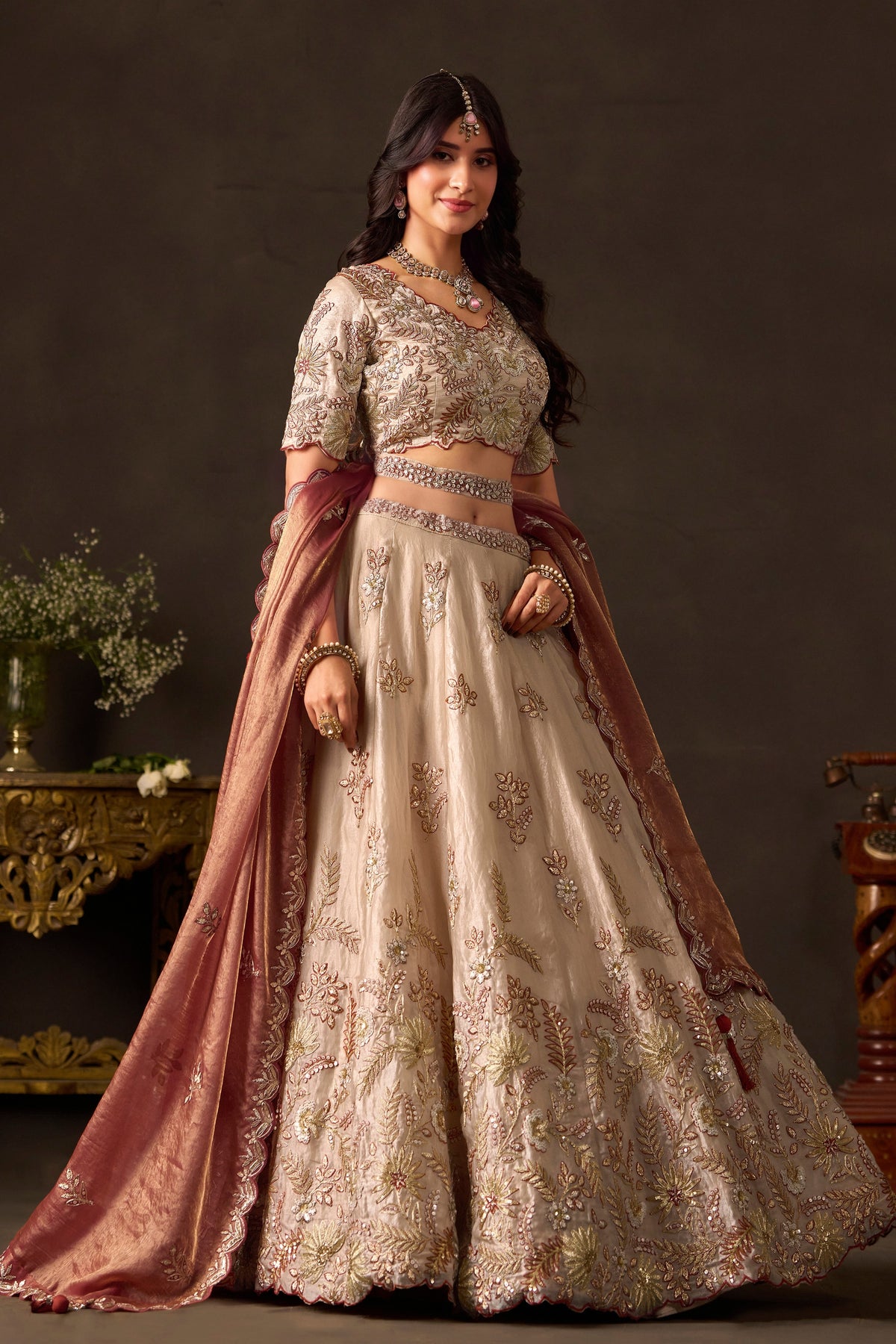 Exquisite Beige Fendy Silk Designer Lehenga Choli with Heavy Gold Embroidery and Dupatta