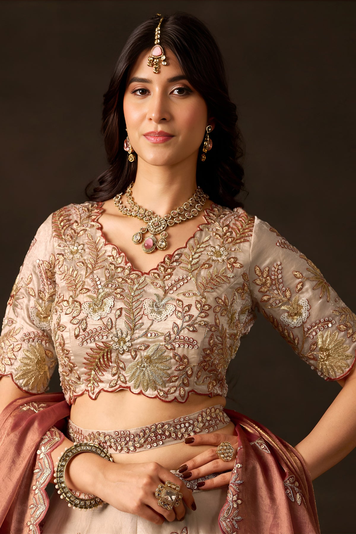 Exquisite Beige Fendy Silk Designer Lehenga Choli with Heavy Gold Embroidery and Dupatta