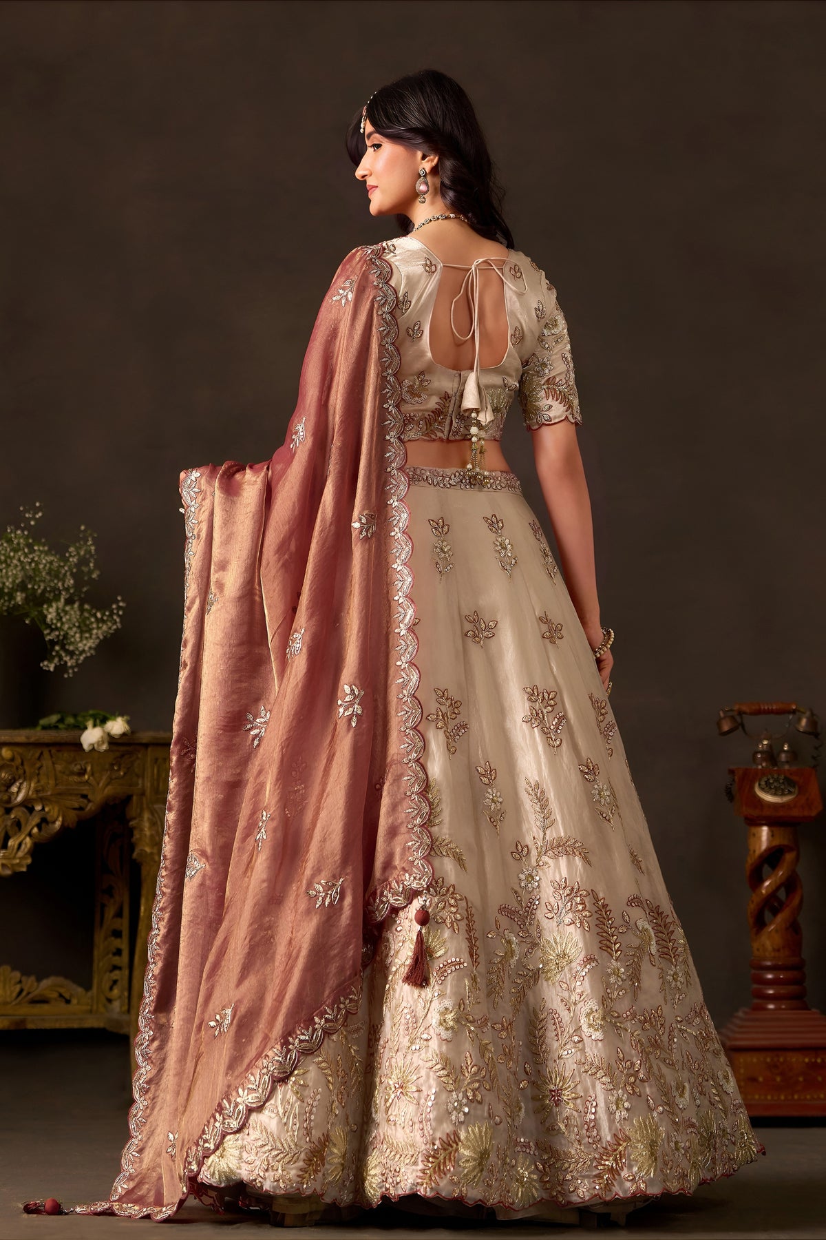 Exquisite Beige Fendy Silk Designer Lehenga Choli with Heavy Gold Embroidery and Dupatta