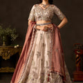 Exquisite Beige Fendy Silk Designer Lehenga Choli with Heavy Gold Embroidery and Dupatta 
