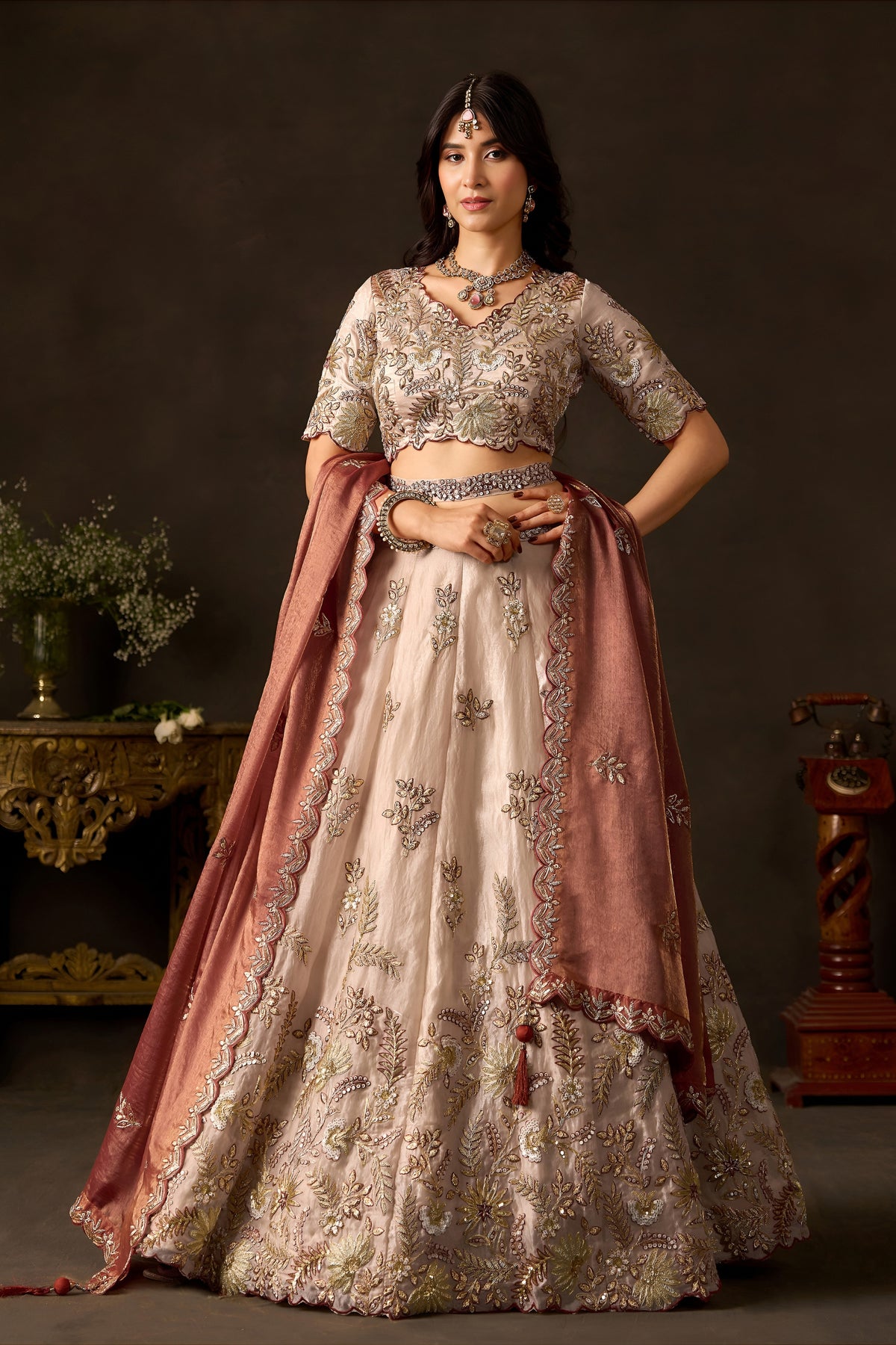 Exquisite Beige Fendy Silk Designer Lehenga Choli with Heavy Gold Embroidery and Dupatta 