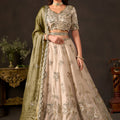 Magnificent Beige Fendy Silk Designer Lehenga Choli with Heavy Gold Embroidery and Dupatta