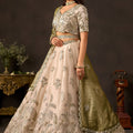 Magnificent Beige Fendy Silk Designer Lehenga Choli with Heavy Gold Embroidery and Dupatta