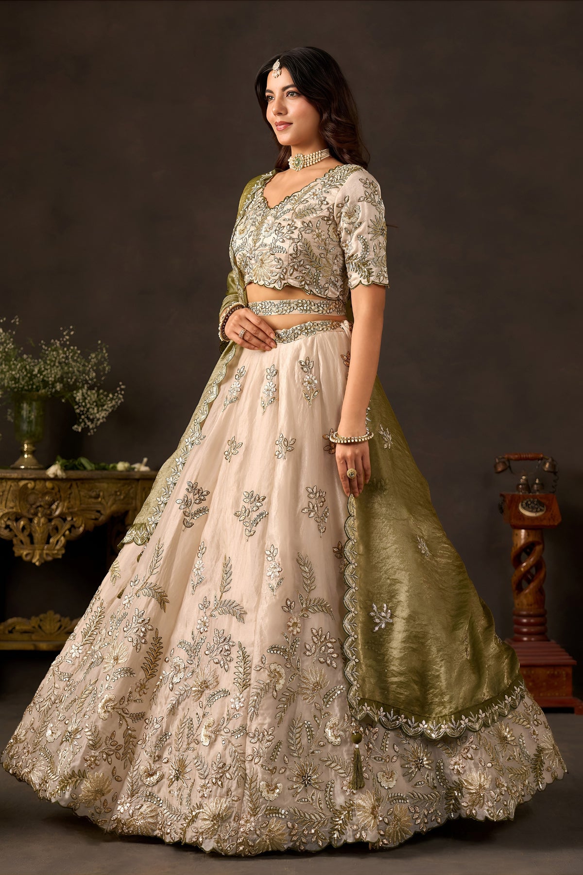 Magnificent Beige Fendy Silk Designer Lehenga Choli with Heavy Gold Embroidery and Dupatta