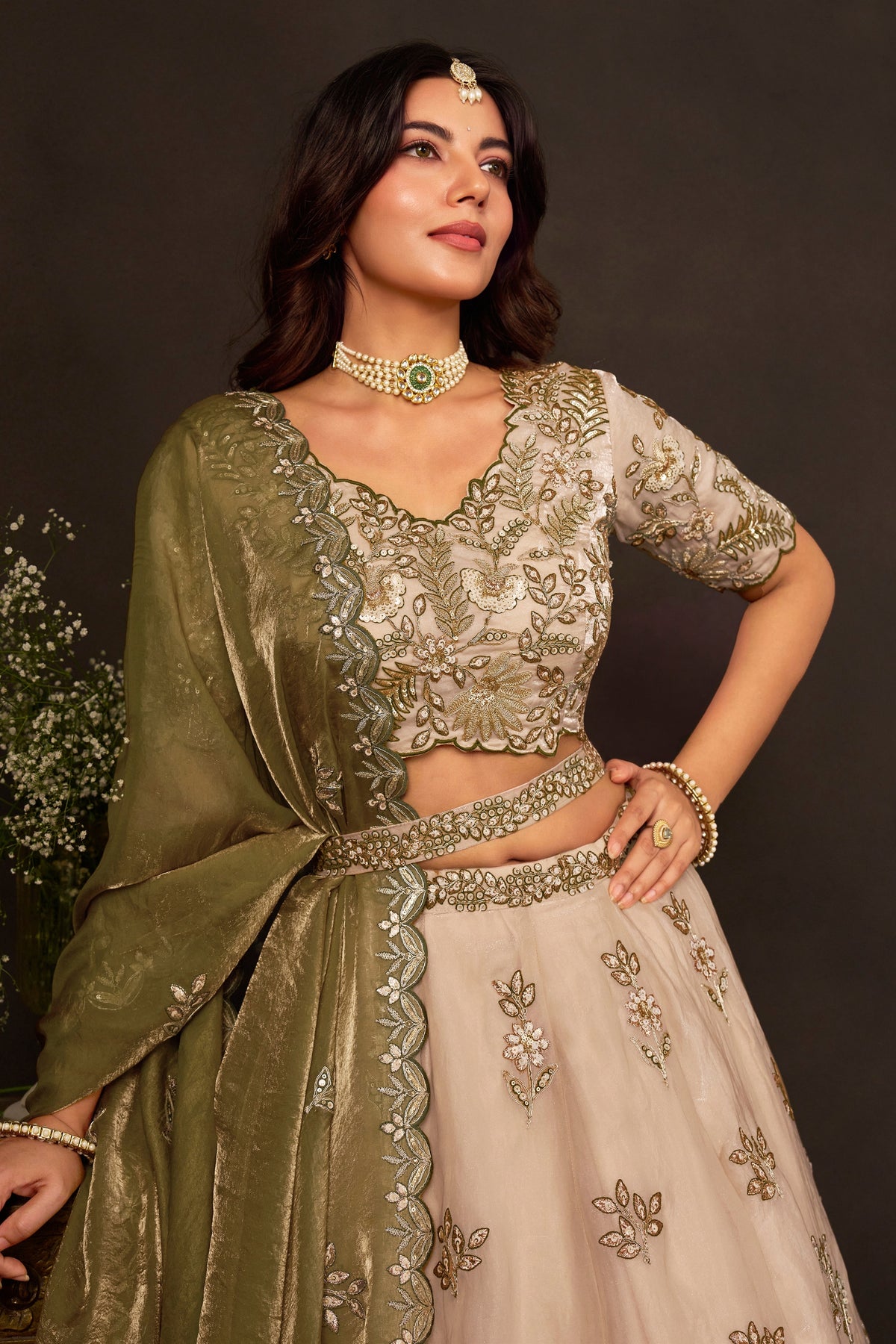 Magnificent Beige Fendy Silk Designer Lehenga Choli with Heavy Gold Embroidery and Dupatta