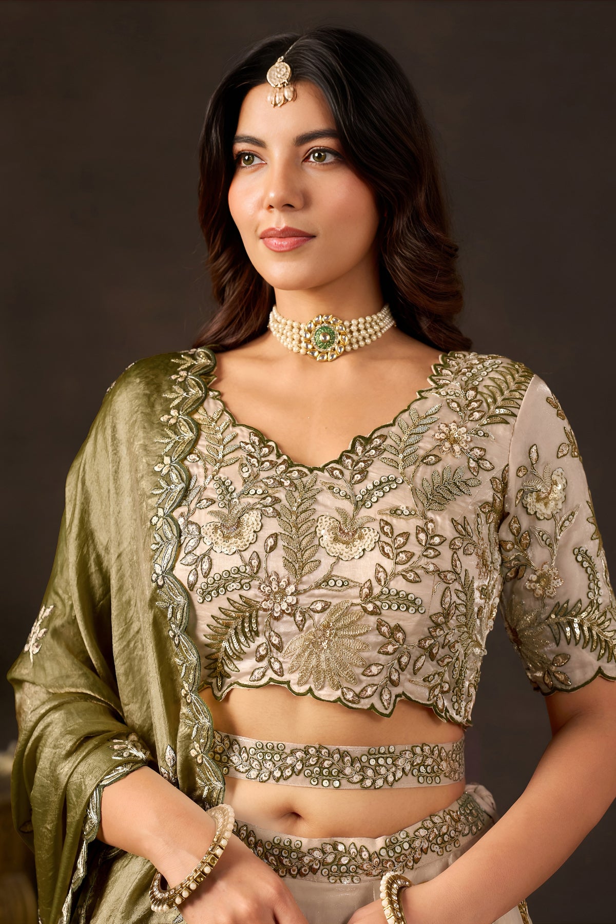 Magnificent Beige Fendy Silk Designer Lehenga Choli with Heavy Gold Embroidery and Dupatta