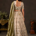 Magnificent Beige Fendy Silk Designer Lehenga Choli with Heavy Gold Embroidery and Dupatta