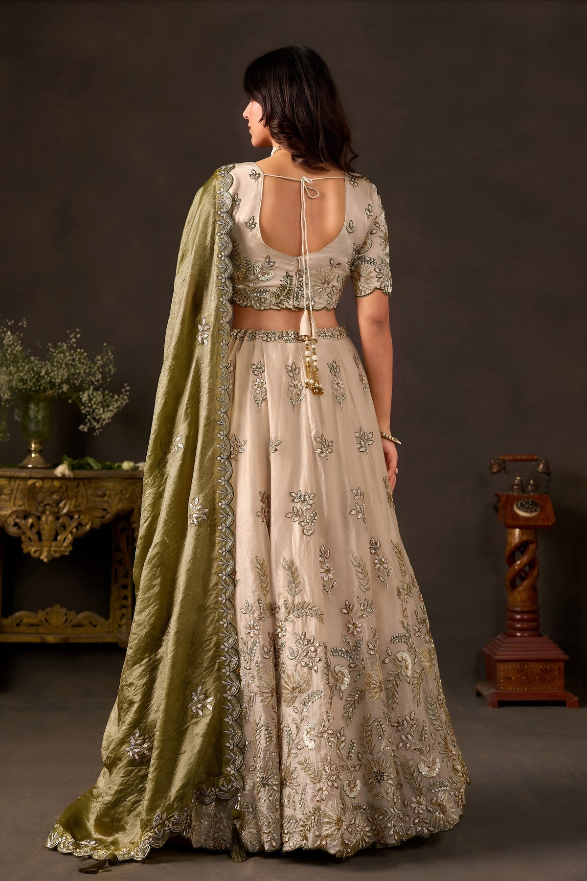 Magnificent Beige Fendy Silk Designer Lehenga Choli with Heavy Gold Embroidery and Dupatta