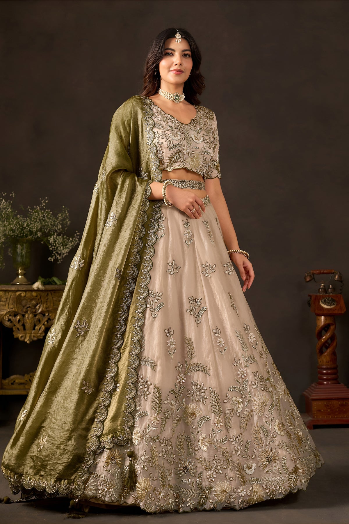 Magnificent Beige Fendy Silk Designer Lehenga Choli with Heavy Gold Embroidery and Dupatta