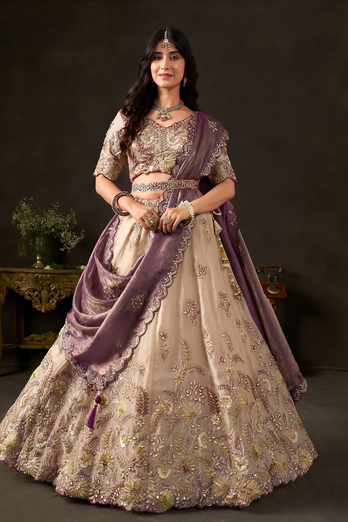 Enchanting Beige Fendy Silk Designer Lehenga Choli with Heavy Gold Embroidery and Dupatta
