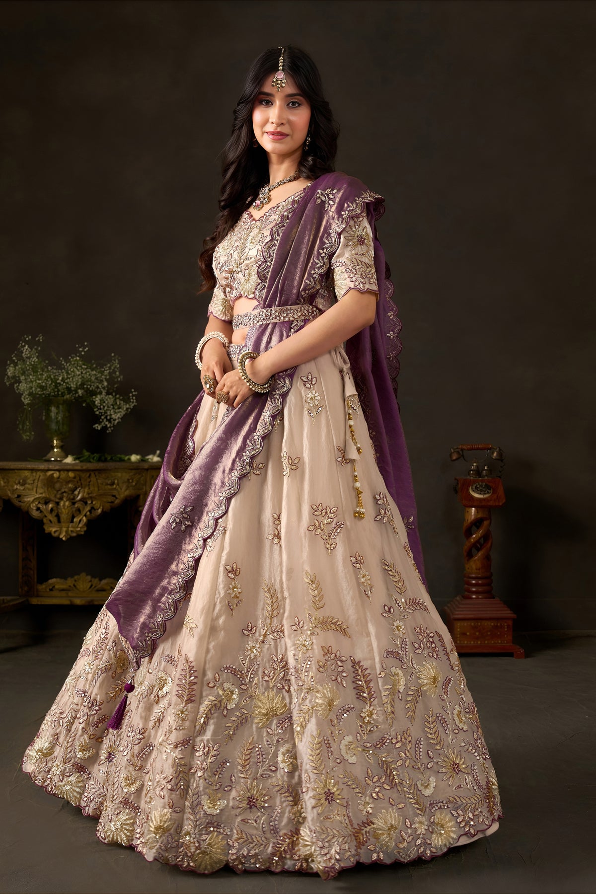 Enchanting Beige Fendy Silk Designer Lehenga Choli with Heavy Gold Embroidery and Dupatta