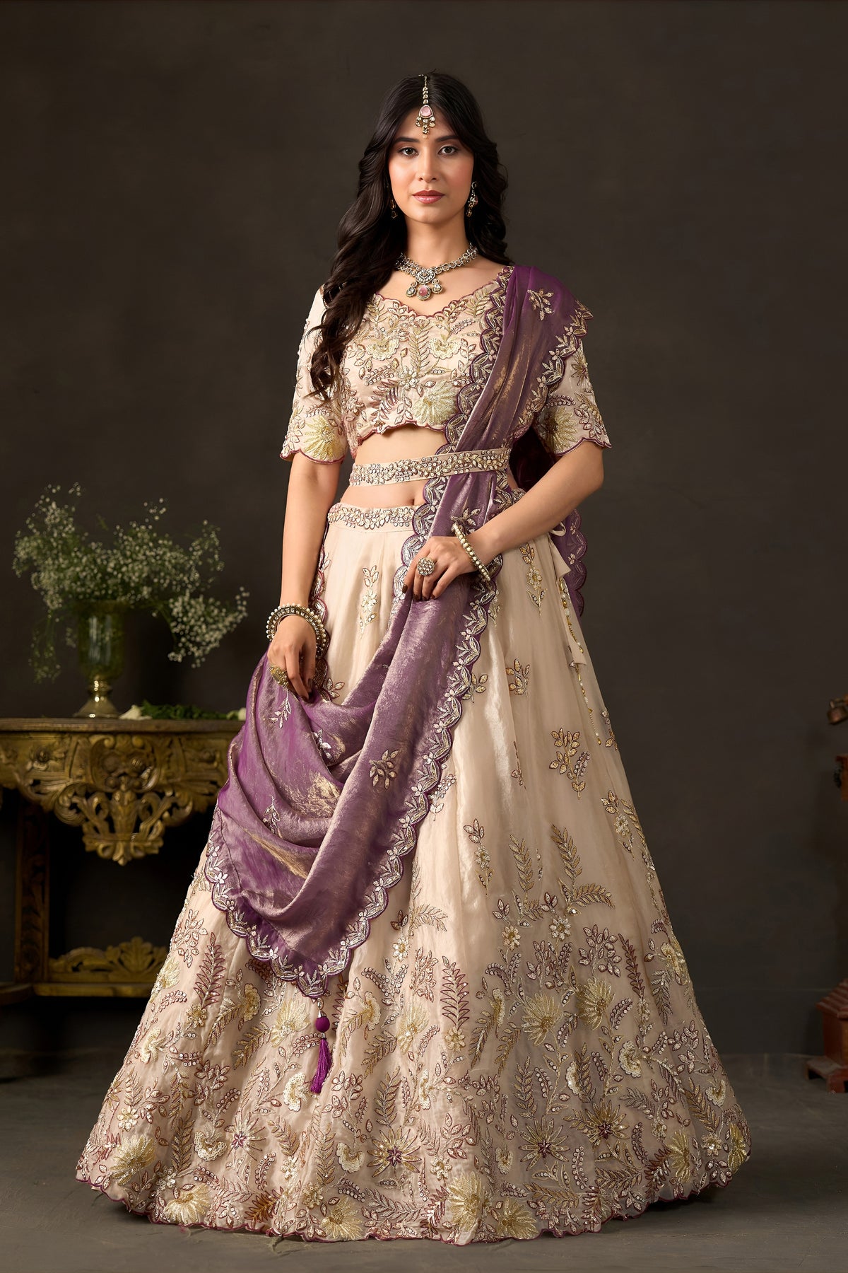 Enchanting Beige Fendy Silk Designer Lehenga Choli with Heavy Gold Embroidery and Dupatta