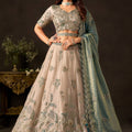 Luxurious Beige Fendy Silk Designer Lehenga Choli with Heavy Gold Embroidery and Dupatta