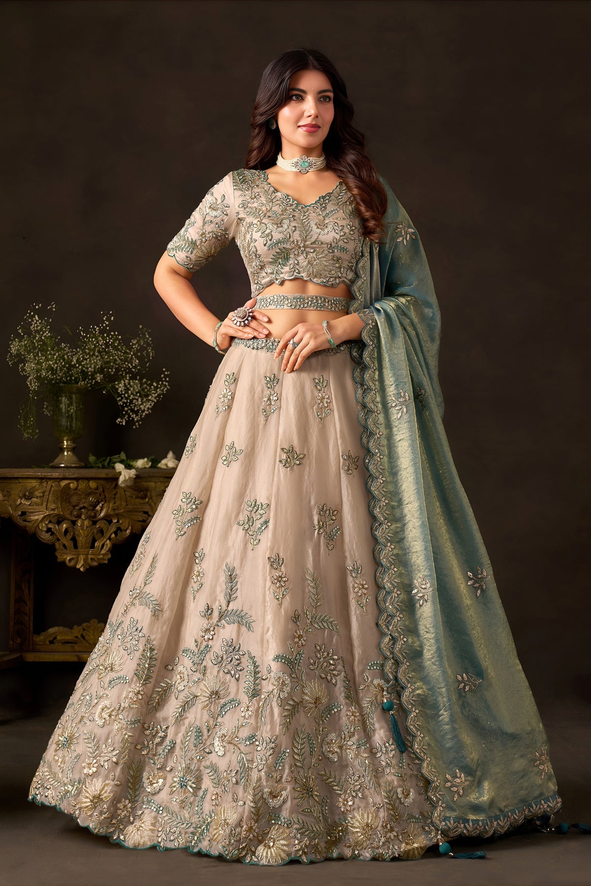 Luxurious Beige Fendy Silk Designer Lehenga Choli with Heavy Gold Embroidery and Dupatta