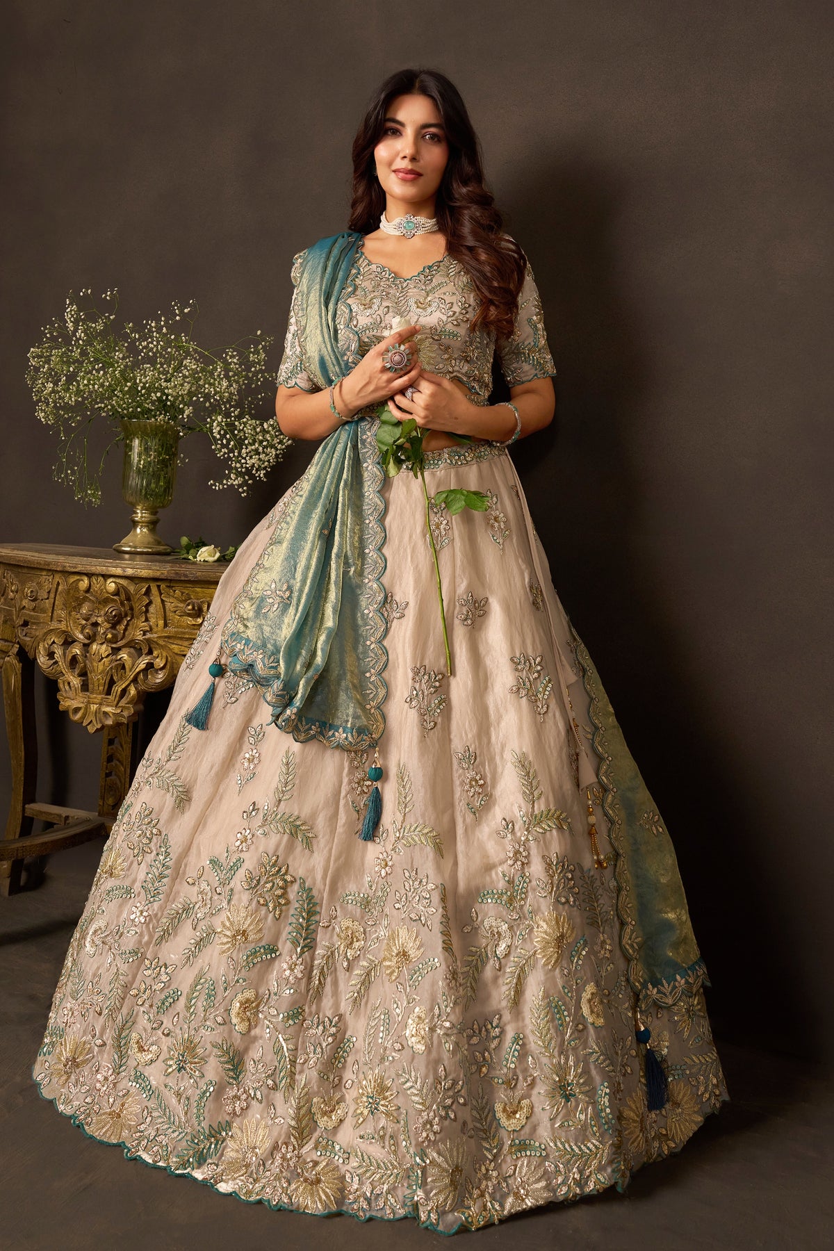 Luxurious Beige Fendy Silk Designer Lehenga Choli with Heavy Gold Embroidery and Dupatta
