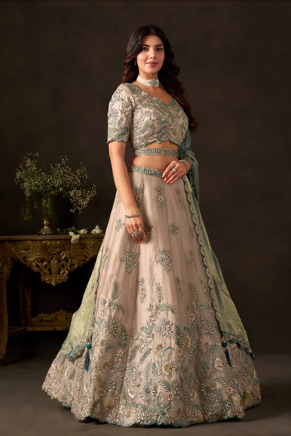 Luxurious Beige Fendy Silk Designer Lehenga Choli with Heavy Gold Embroidery and Dupatta