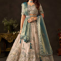 Luxurious Beige Fendy Silk Designer Lehenga Choli with Heavy Gold Embroidery and Dupatta