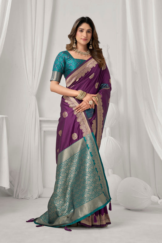 Regal Purple Soft Silk Saree with Zari Woven Work for Women
