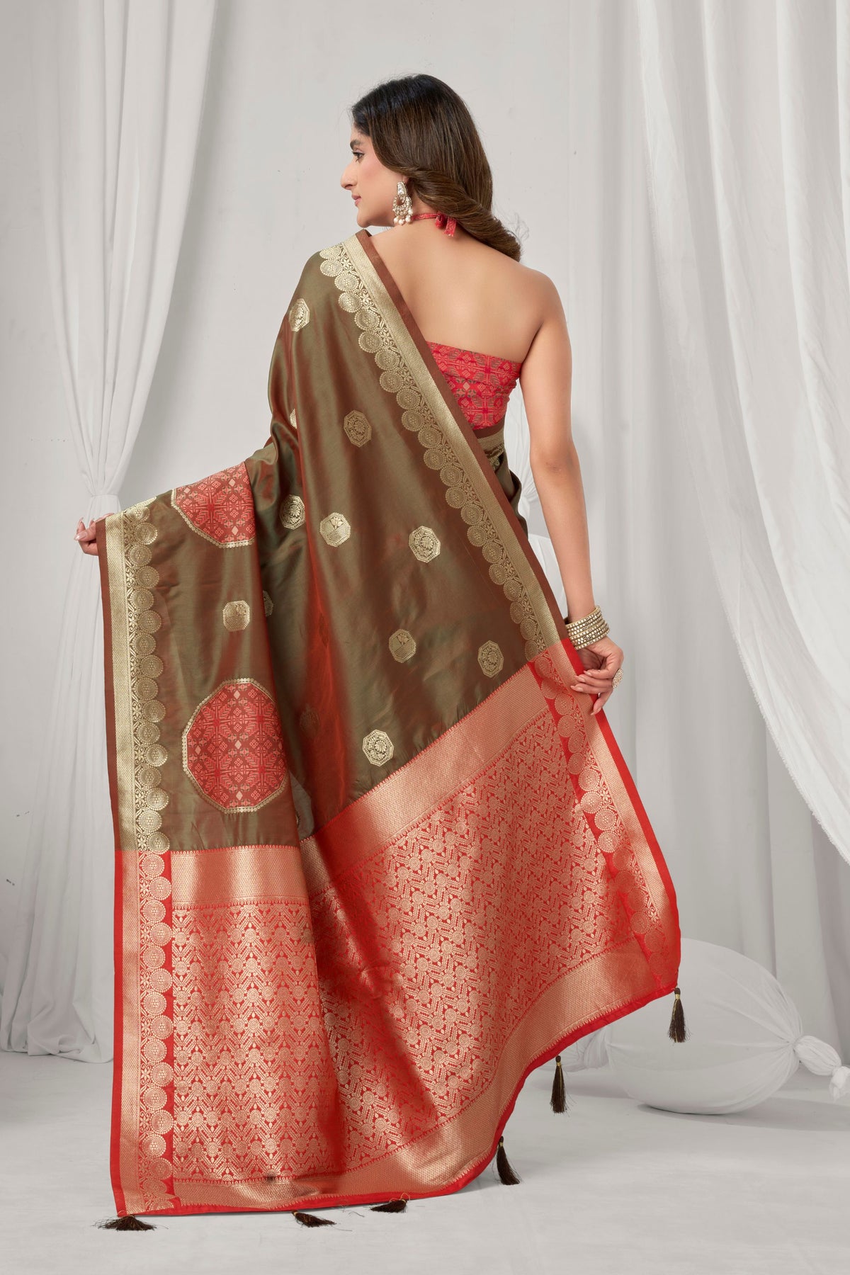 Sophisticated Brown Soft Silk Saree with Red Zari Woven Work for Women