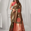 Sophisticated Brown Soft Silk Saree with Red Zari Woven Work for Women