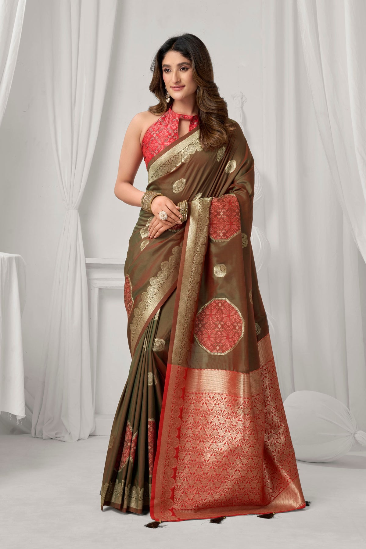 Sophisticated Brown Soft Silk Saree with Red Zari Woven Work for Women