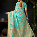Stunning Turquoise Blue Organza Khadi Saree with Weaving and Zalar Work for Women