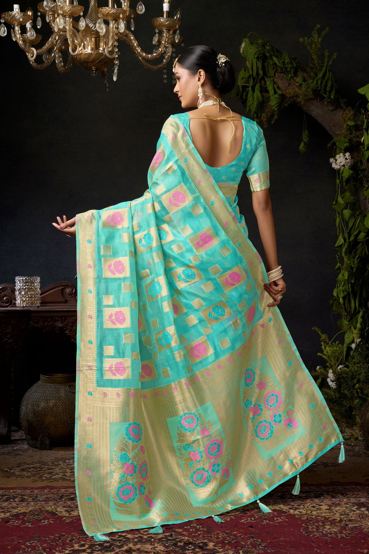 Stunning Turquoise Blue Organza Khadi Saree with Weaving and Zalar Work for Women