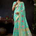 Stunning Turquoise Blue Organza Khadi Saree with Weaving and Zalar Work for Women