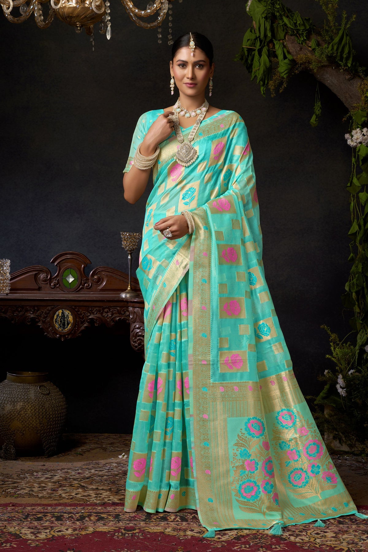 Stunning Turquoise Blue Organza Khadi Saree with Weaving and Zalar Work for Women