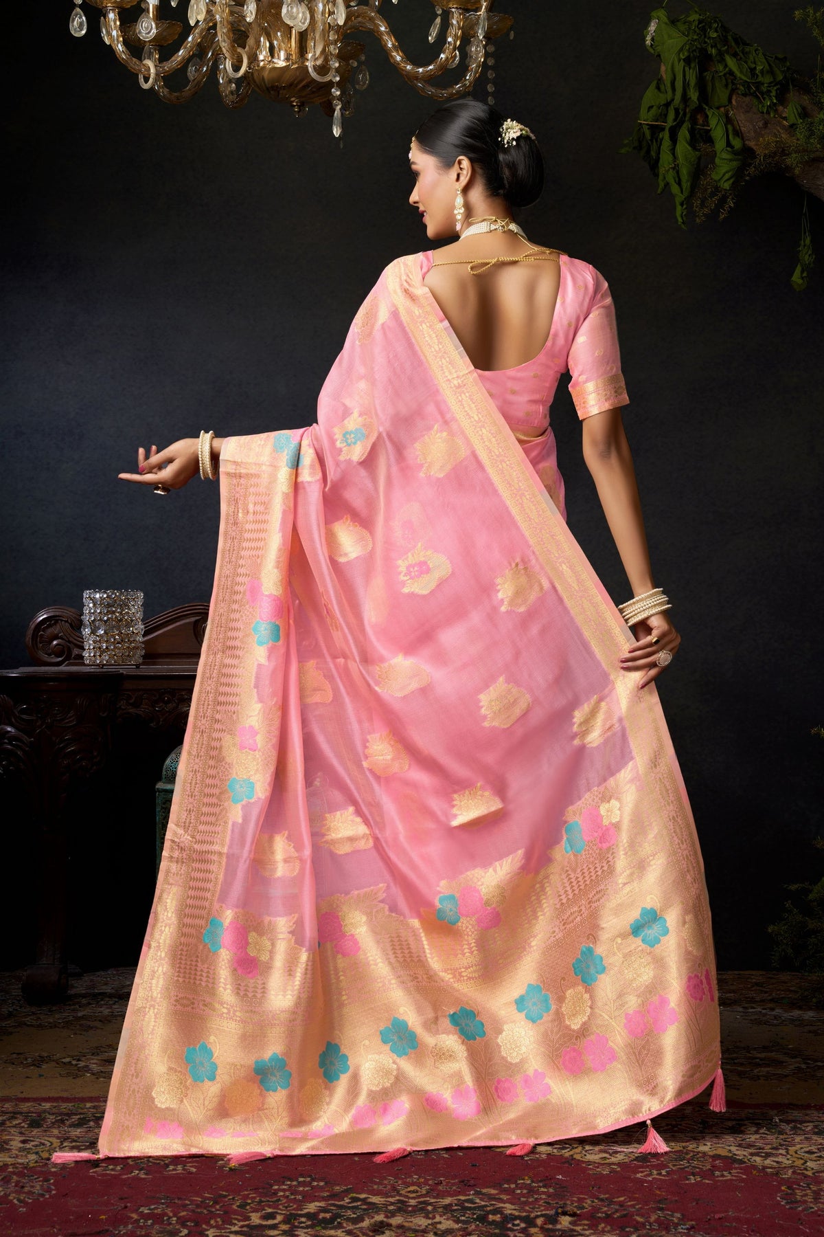 Beautiful Pink Organza Khadi Saree Weaving  Zari Border for Women