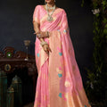 Beautiful Pink Organza Khadi Saree Weaving  Zari Border for Women