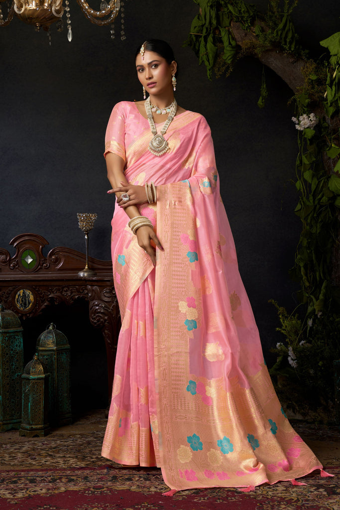 Beautiful Pink Organza Khadi Saree Weaving  Zari Border for Women