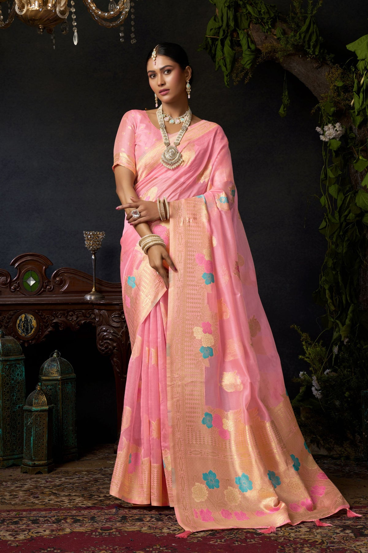 Beautiful Pink Organza Khadi Saree Weaving  Zari Border for Women
