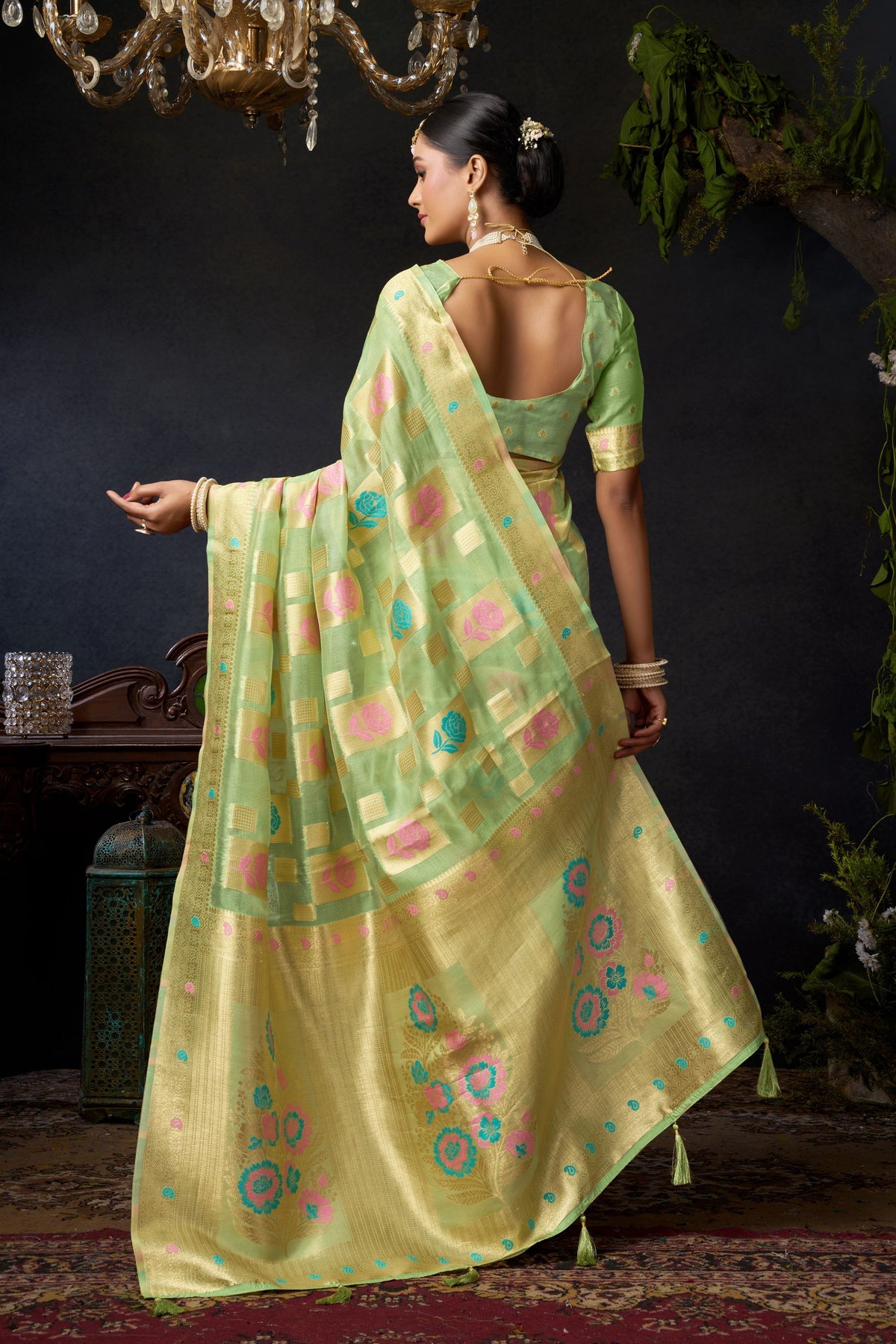 Exquisite Pista Green Organza Khadi Saree Weaving Zari Border for Women